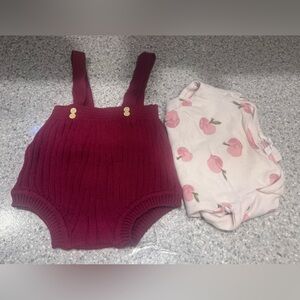 Very sweet Apple Burgundy Knit Suspender Romper with Apple Bodysuit